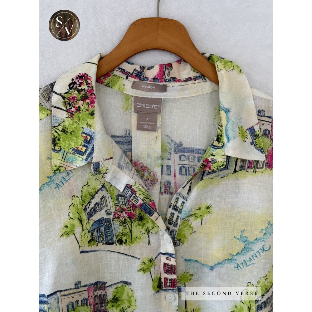Chico's Linen Button Front Shirt 3/4 Sleeve Atlantic Coastal Scene Size 16/18 - Picture 3 of 10